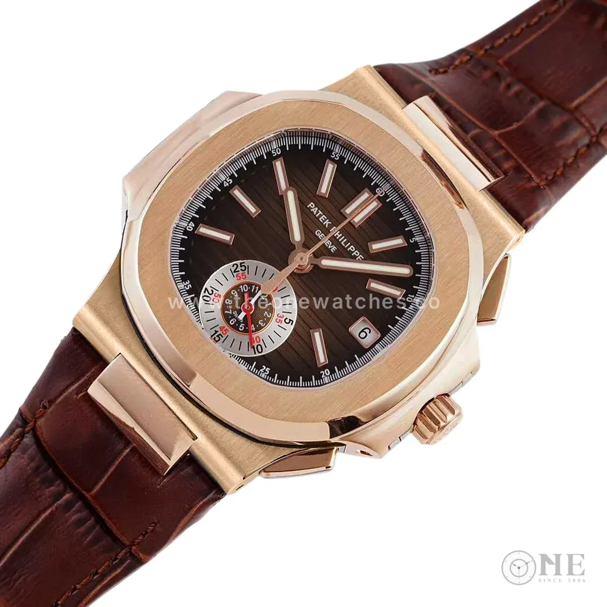 Nautilus Chronograph 5980/R-001 in Rose Gold on Brown Leather Strap - Image 2