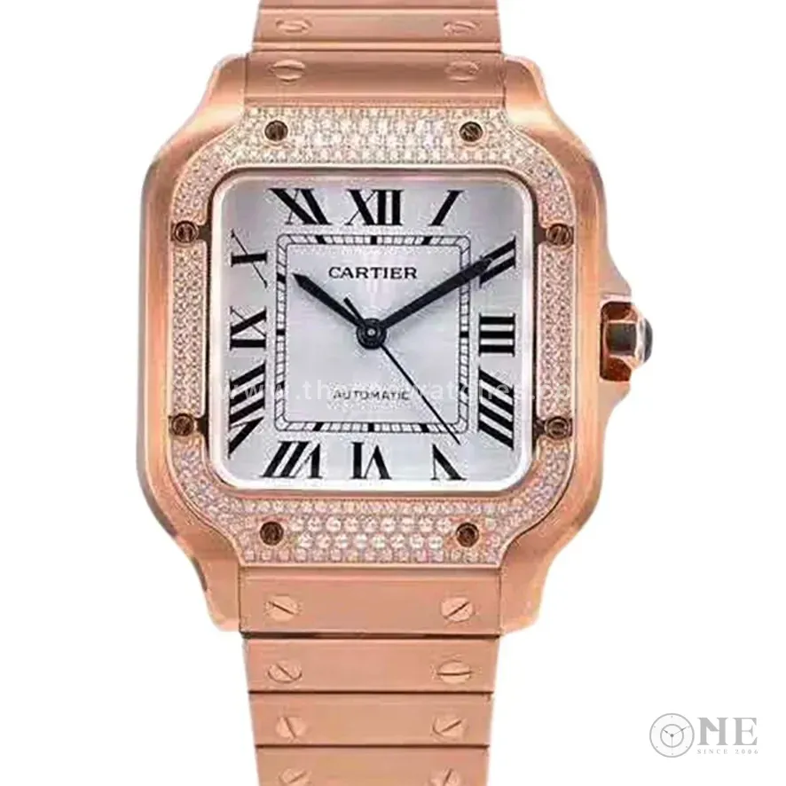 Santos de Cartier White Dial with Diamond Bezel in Rose Gold