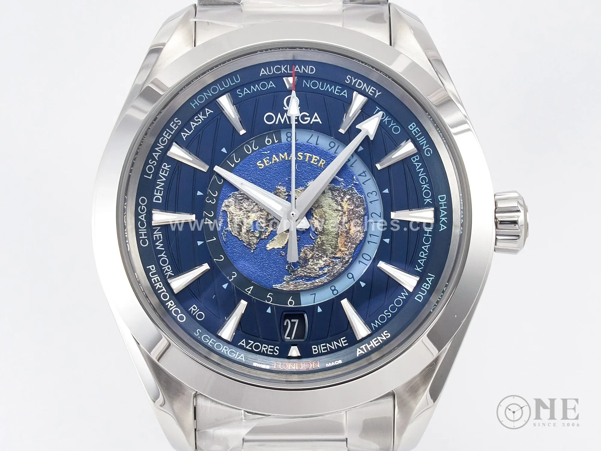 Aqua Terra 150M 43mm Worldtimer 24 VSF 1:1 Best Edition Blue Dial on SS Bracelet A8938 Super Clone