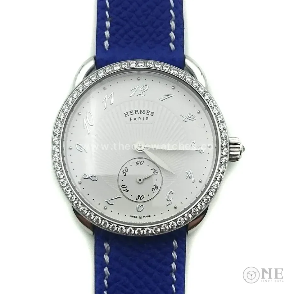 Arceau Petite Steel with Diamond Bezel on Blue Epsom Leather Strap