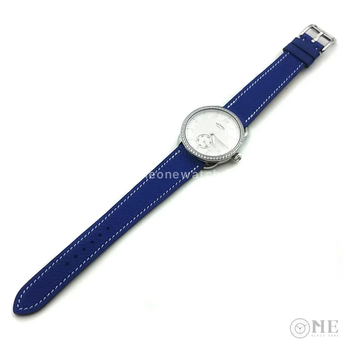 Arceau Petite Steel with Diamond Bezel on Blue Epsom Leather Strap