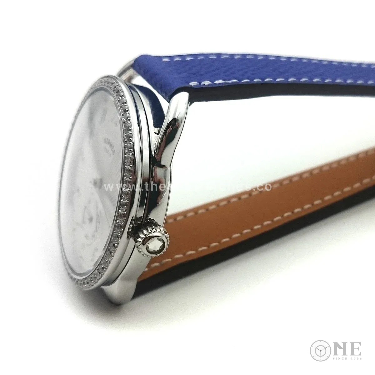 Arceau Petite Steel with Diamond Bezel on Blue Epsom Leather Strap