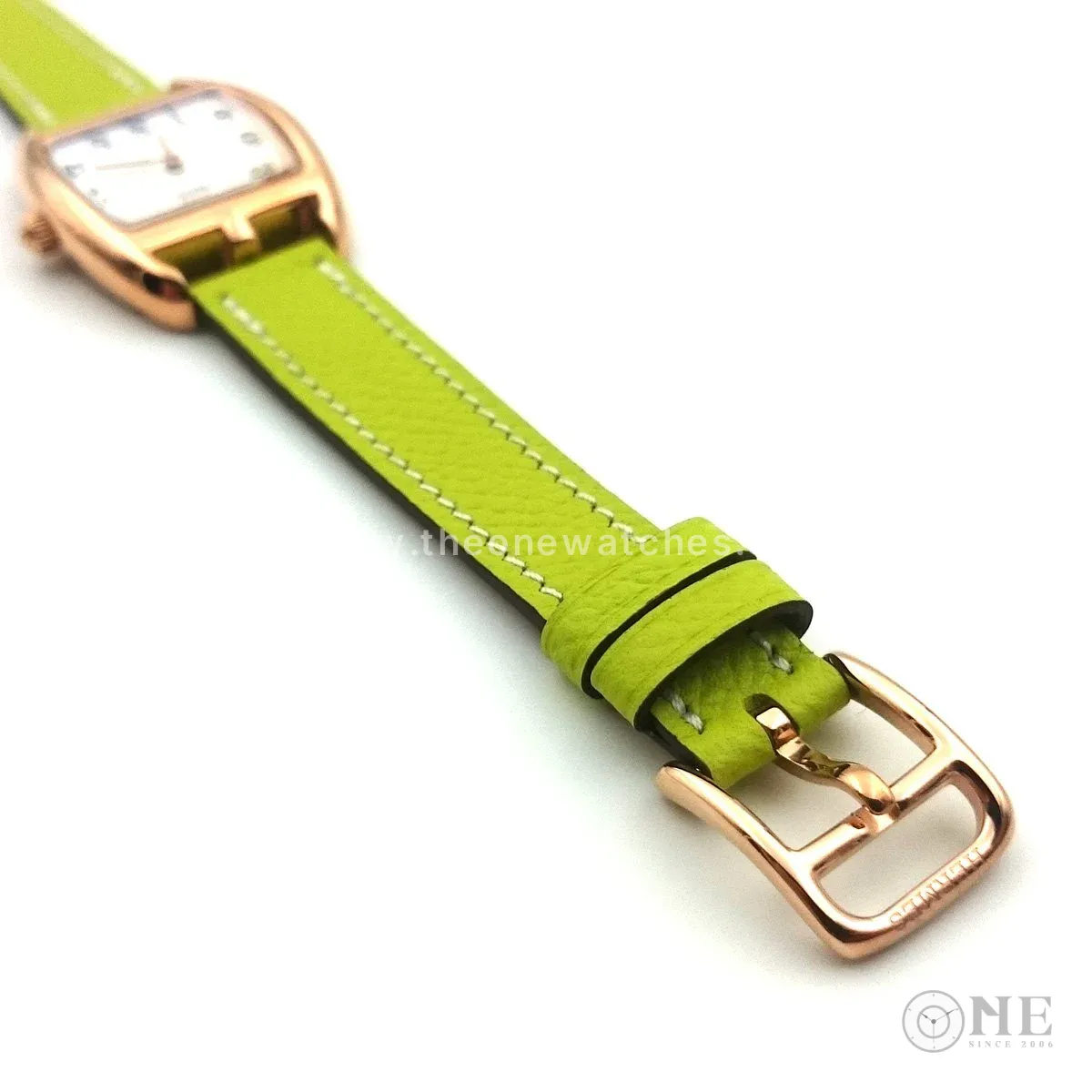 Cape Cod Tonneau Rose Gold on Green Epsom Leather Strap
