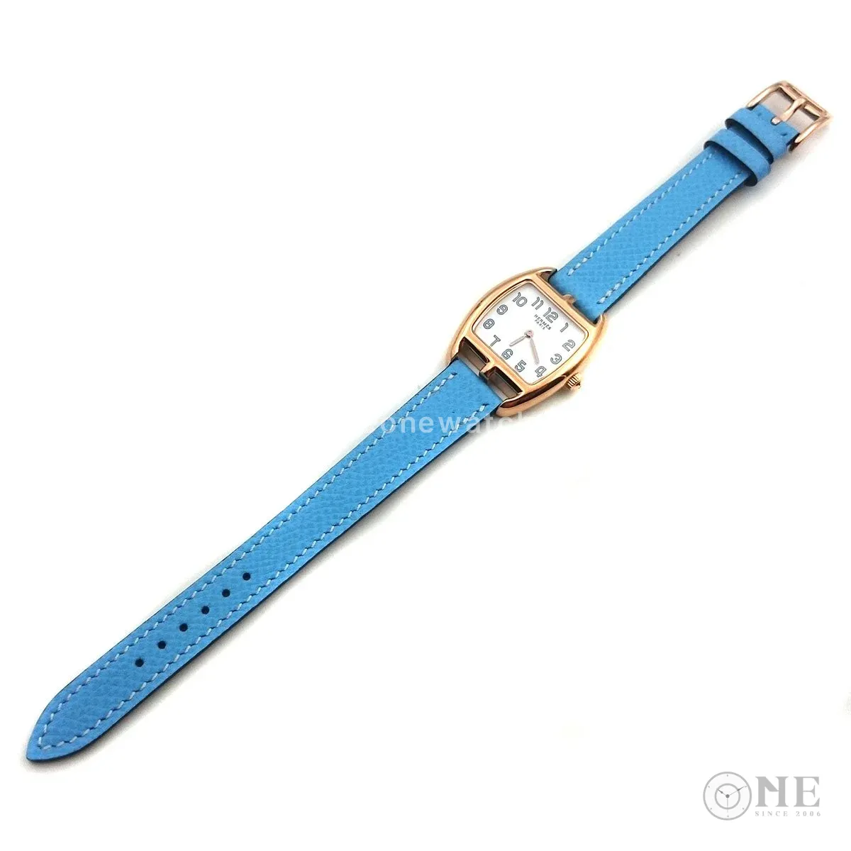 Cape Cod Tonneau Rose Gold on Light Blue Epsom Leather Strap