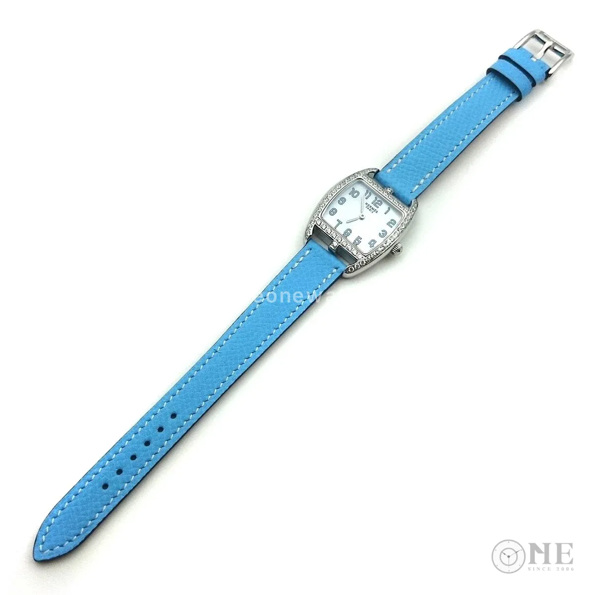 Cape Cod Tonneau Steel with Diamond Bezel on Light Blue Epsom Leather Strap