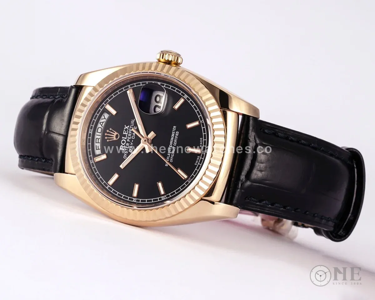 Day-Date 36 Black Dial in Rose Gold on Leather Strap
