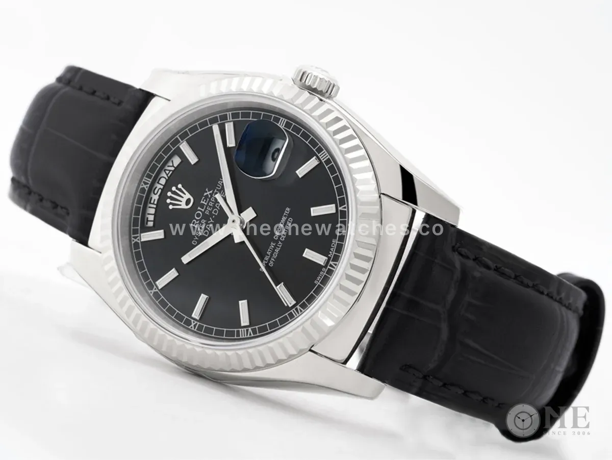 Day-Date 36 Black Dial in White Gold on Leather Strap