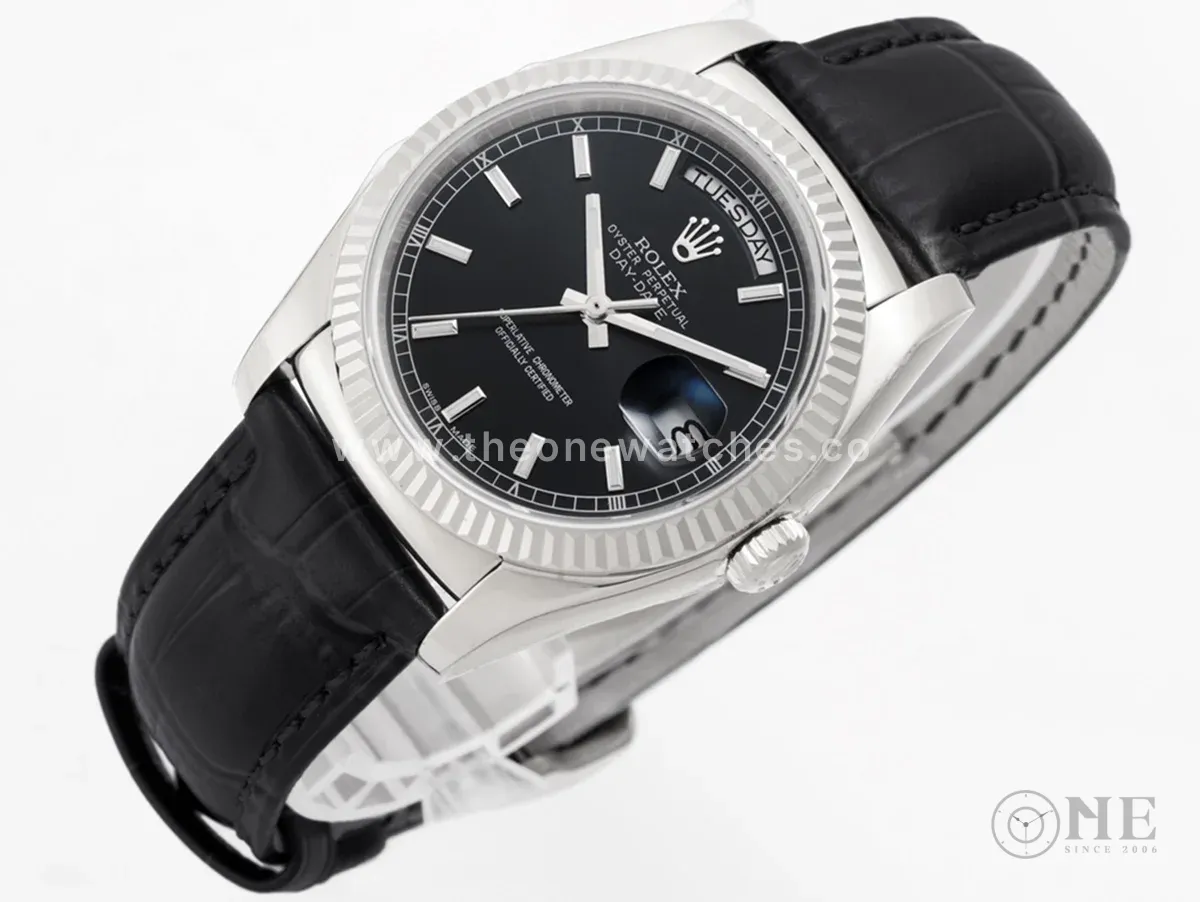 Day-Date 36 Black Dial in White Gold on Leather Strap