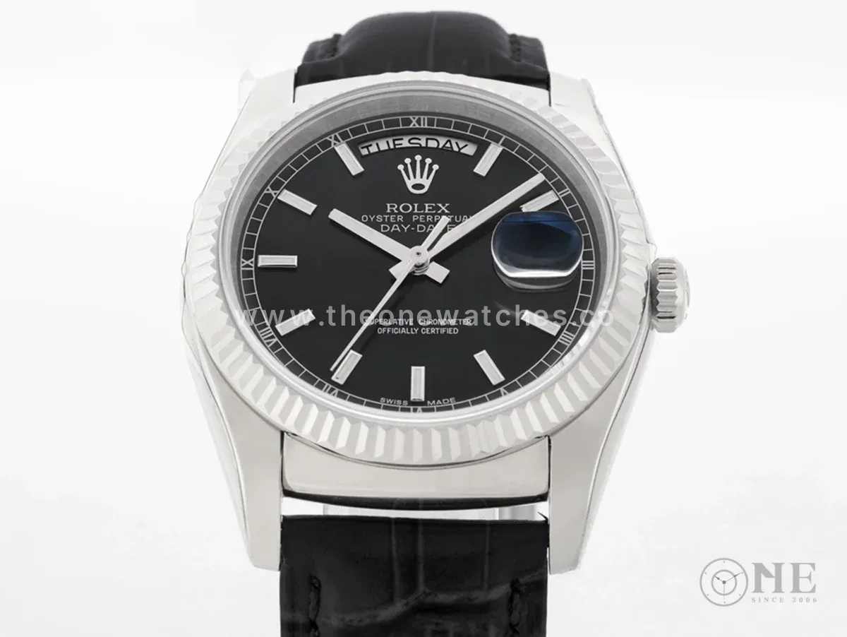 Day-Date 36 Black Dial in White Gold on Leather Strap
