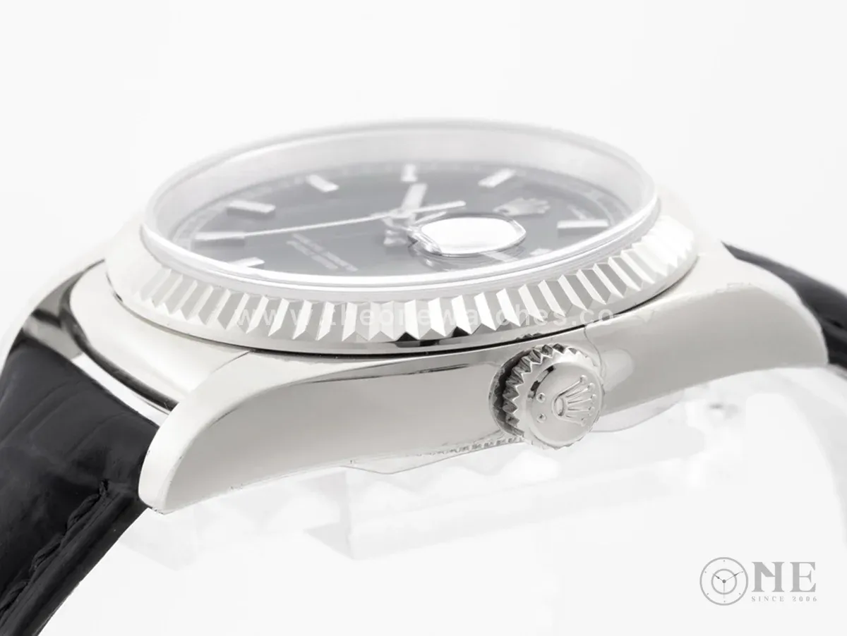 Day-Date 36 Black Dial in White Gold on Leather Strap