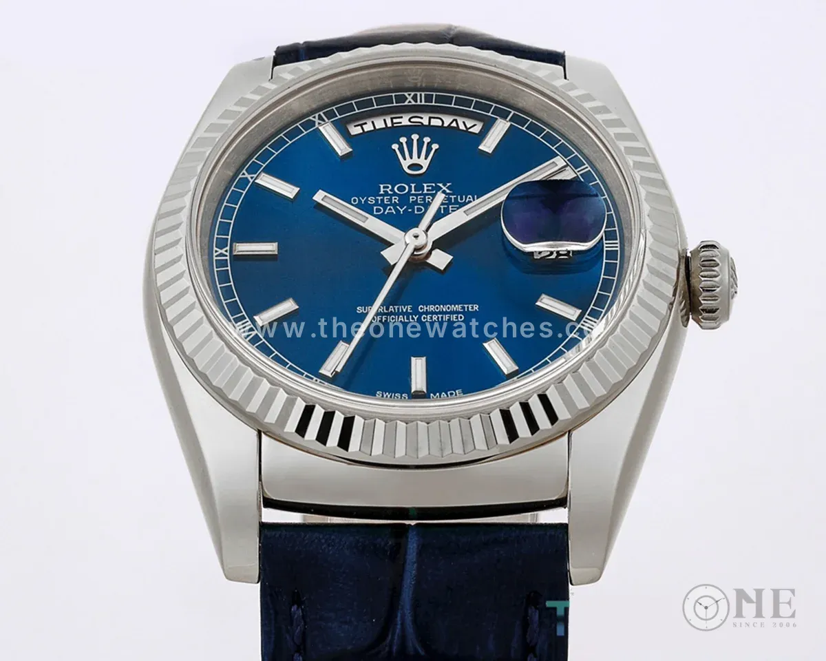 Day-Date 36 Blue Dial in White Gold on Leather Strap