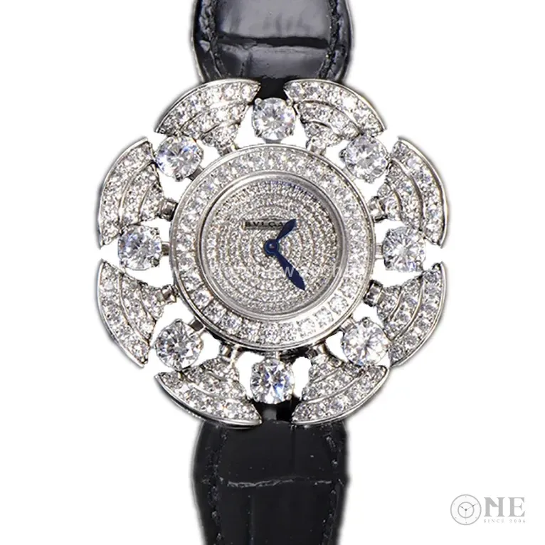 Diva’s Dream Jewellery Watch Diamond Paved Dial in White Dial on Black Leather Strap