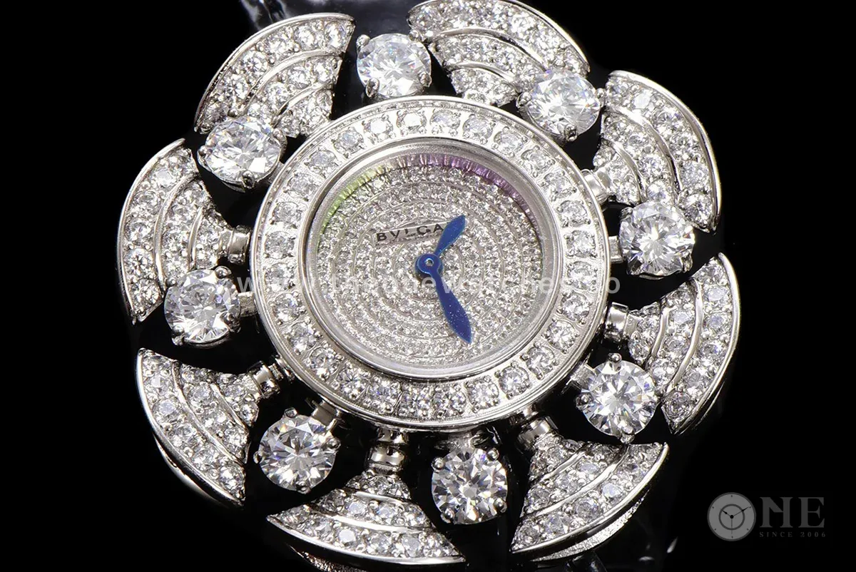 Diva’s Dream Jewellery Watch Diamond Paved Dial in White Dial on Black Leather Strap