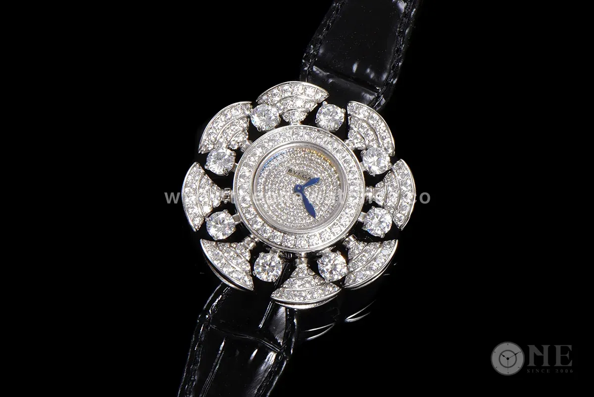 Diva’s Dream Jewellery Watch Diamond Paved Dial in White Dial on Black Leather Strap