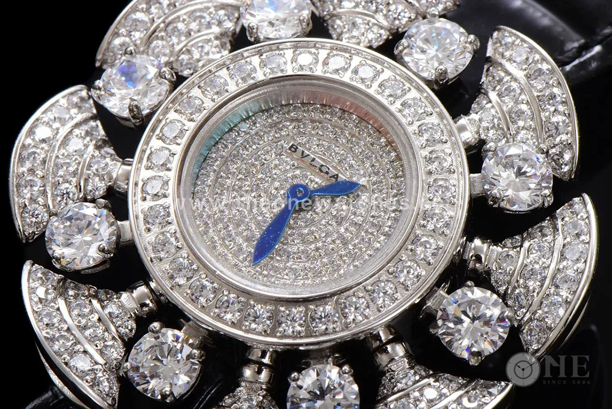Diva’s Dream Jewellery Watch Diamond Paved Dial in White Dial on Black Leather Strap