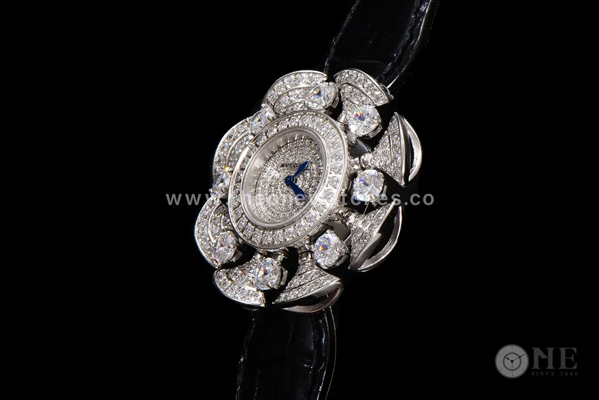 Diva’s Dream Jewellery Watch Diamond Paved Dial in White Dial on Black Leather Strap