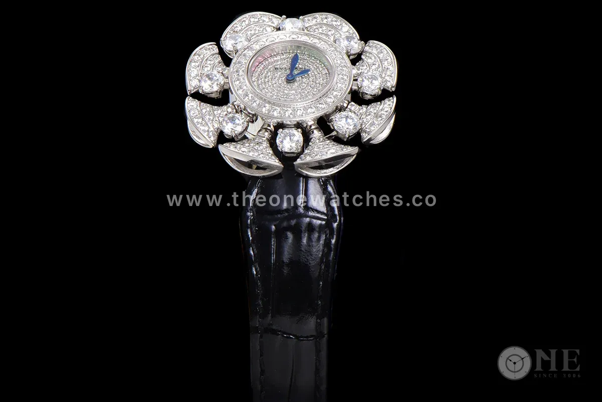 Diva’s Dream Jewellery Watch Diamond Paved Dial in White Dial on Black Leather Strap