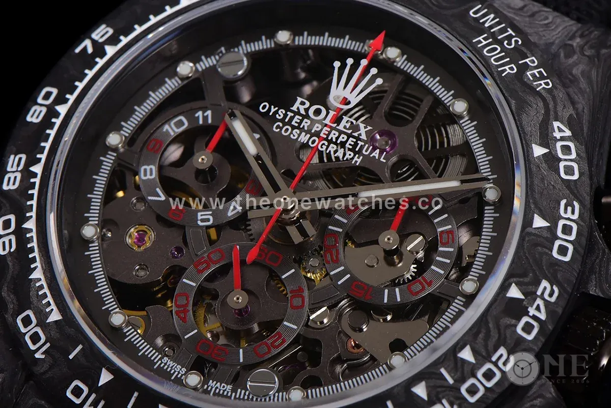 DIW Daytona Skeleton Dial in Carbon with Red Hands on Black Nylon Strap