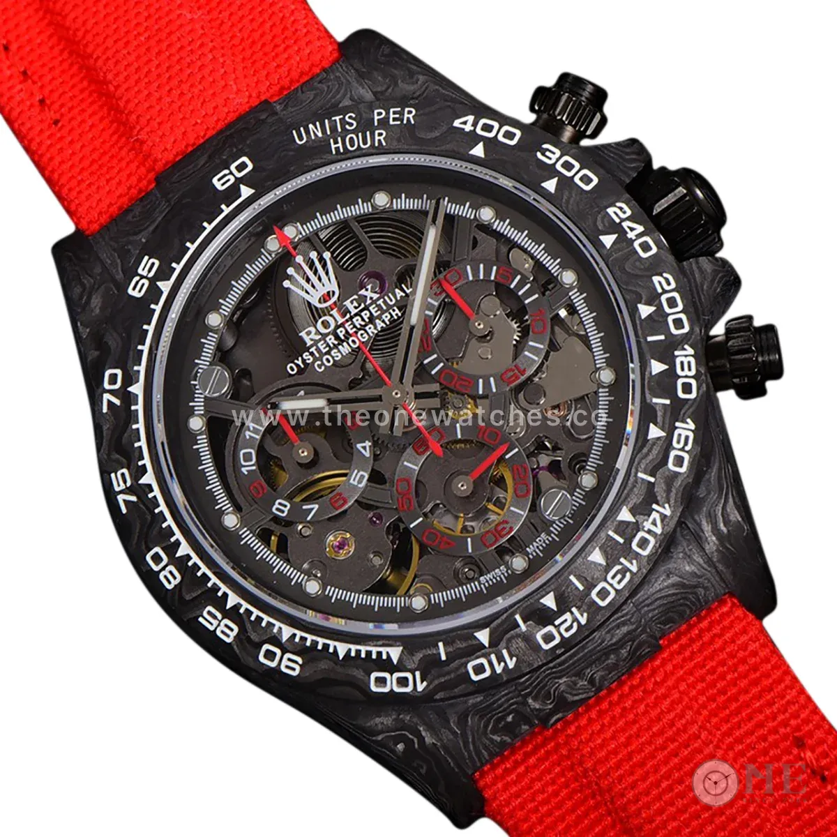 DIW Daytona Skeleton Dial in Carbon with Red Hands on Red Nylon Strap