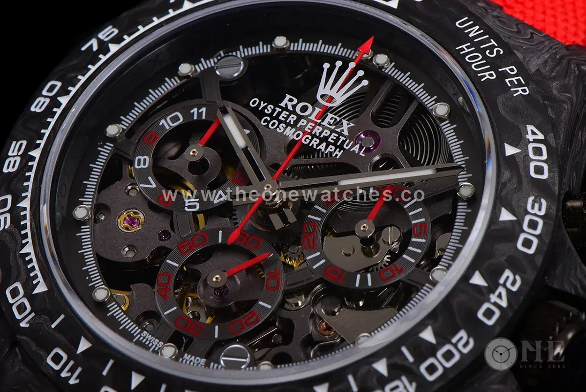 DIW Daytona Skeleton Dial in Carbon with Red Hands on Red Nylon Strap