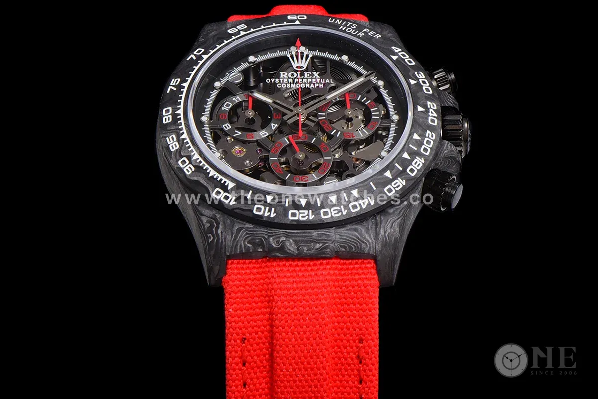 DIW Daytona Skeleton Dial in Carbon with Red Hands on Red Nylon Strap