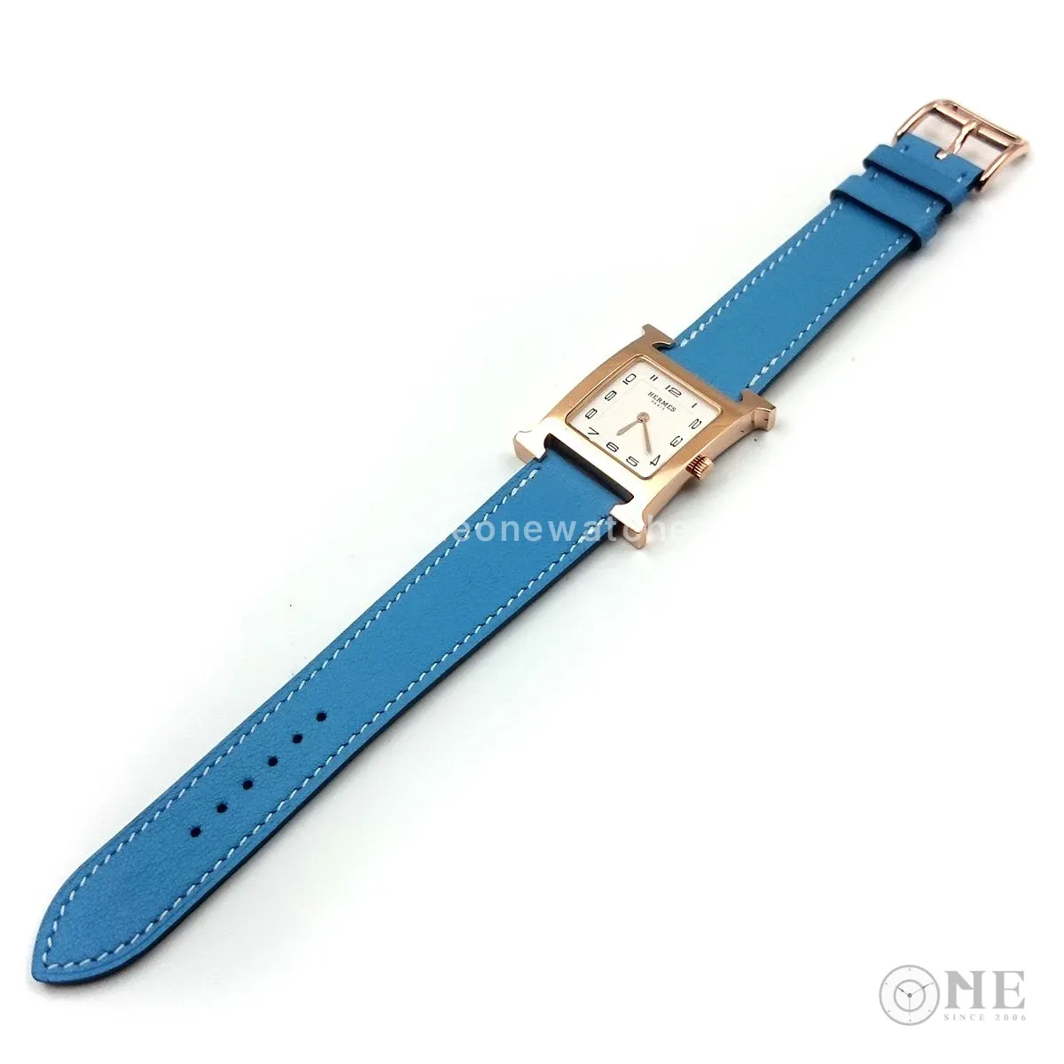 Heure H Rose Gold on Light Blue Fjord Leather Strap