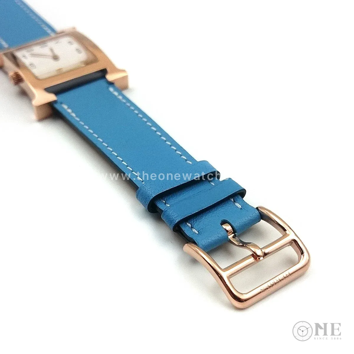Heure H Rose Gold on Light Blue Fjord Leather Strap