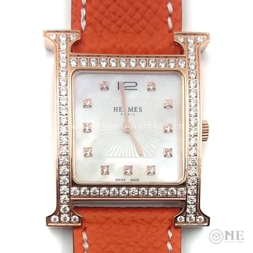 Heure H Rose Gold with Diamond Bezel and Markers on Orange Epsom Leather Strap
