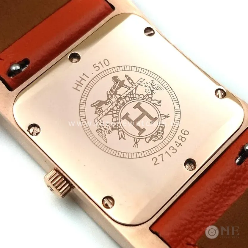 Heure H Rose Gold with Diamond Bezel and Markers on Orange Epsom Leather Strap