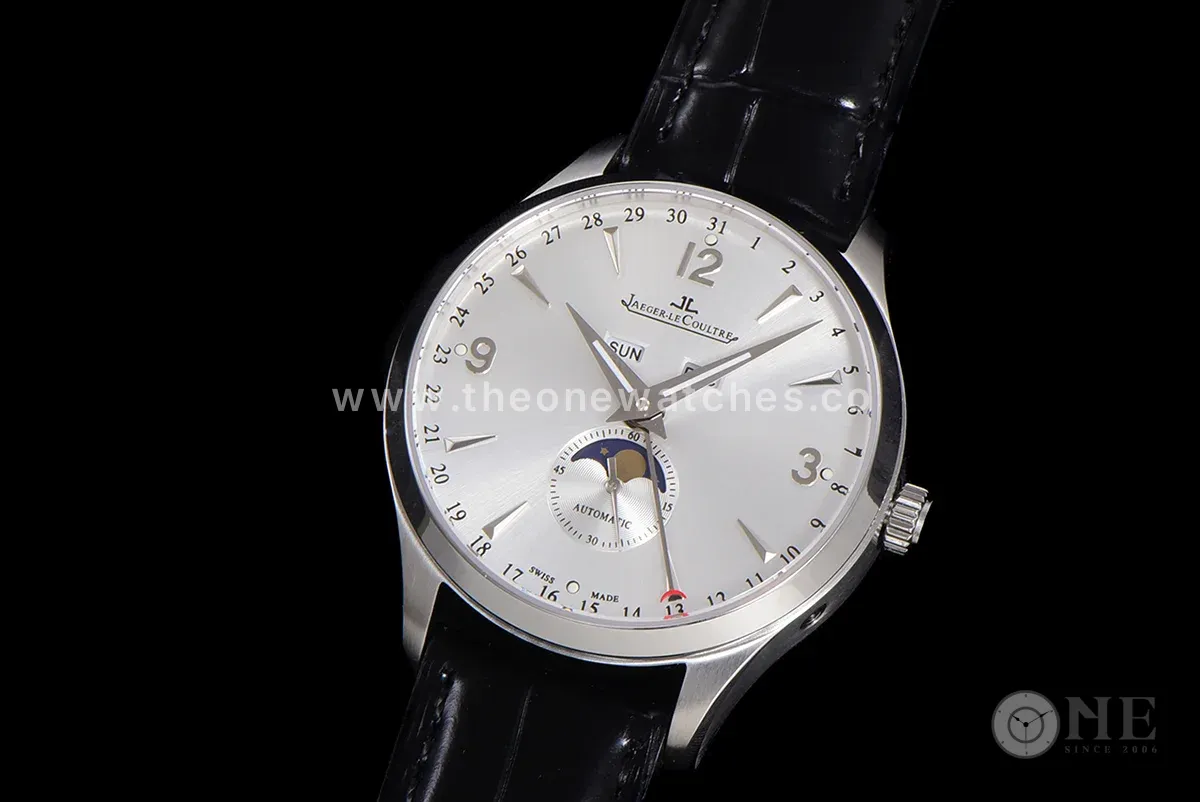 Master Calendar Silver Dial in Steel on Black Leather Strap