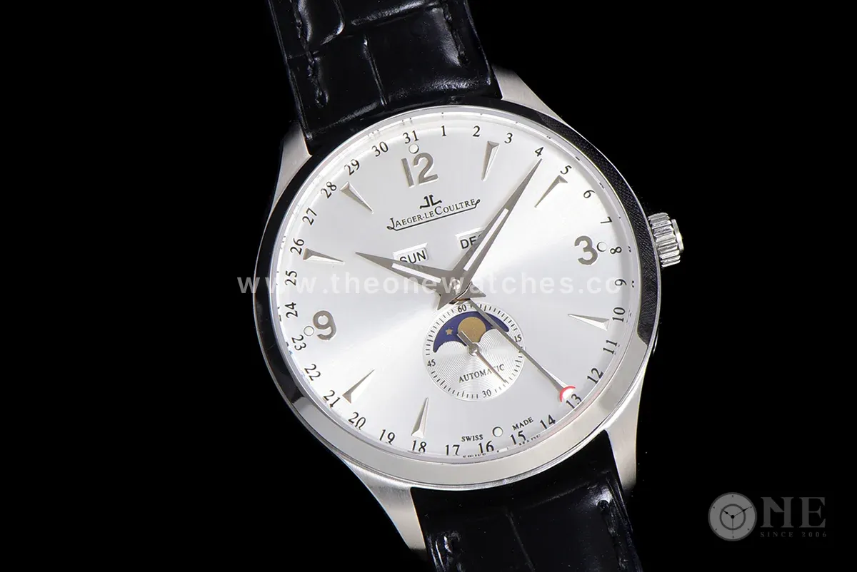 Master Calendar Silver Dial in Steel on Black Leather Strap
