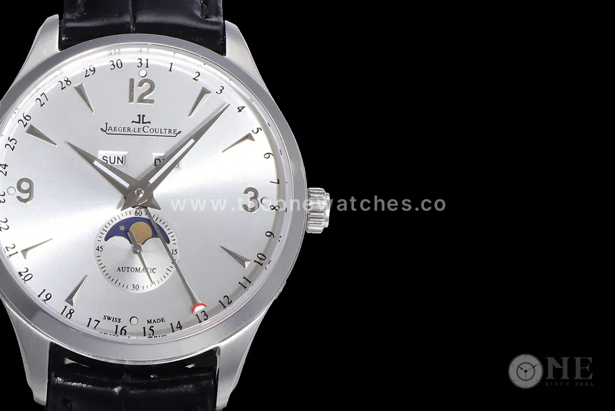 Master Calendar Silver Dial in Steel on Black Leather Strap