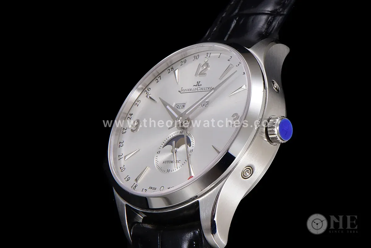 Master Calendar Silver Dial in Steel on Black Leather Strap