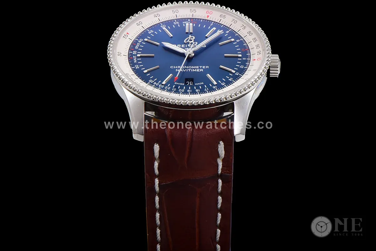 Navitimer Automatic 41 Blue and White Dial in Steel in Brown Leather Strap