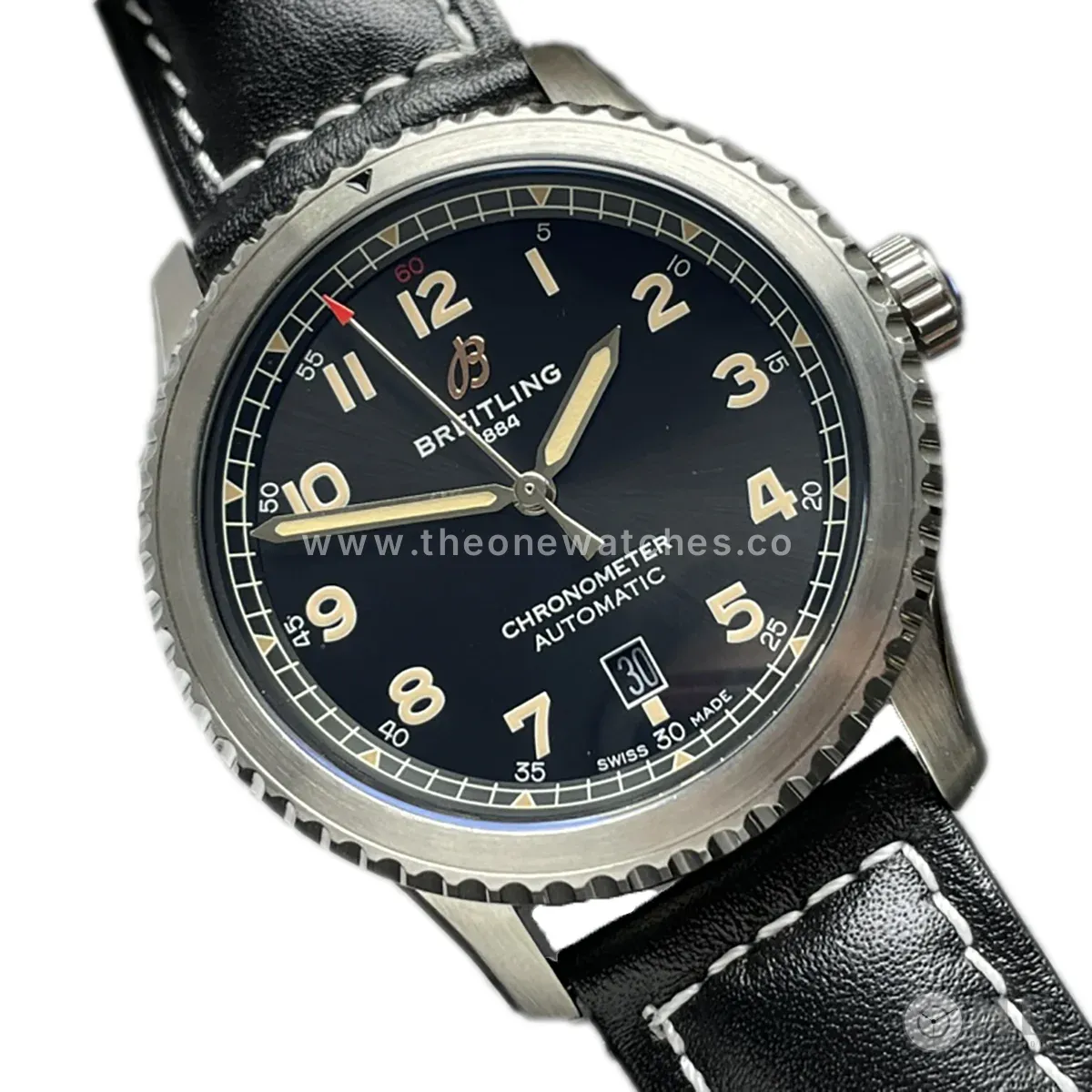 Navitimer Aviator 8 Automatic 41 Black Dial in Steel on Black Leather Strap