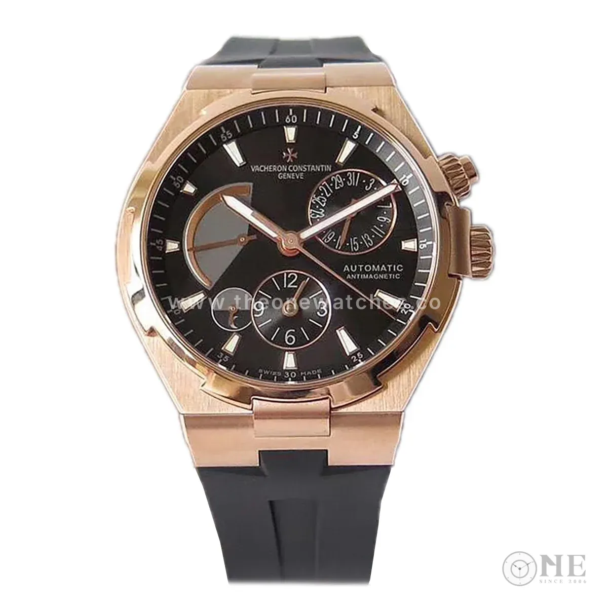 Overseas Dual Time Black Dial in Rose Gold on Rubber Strap