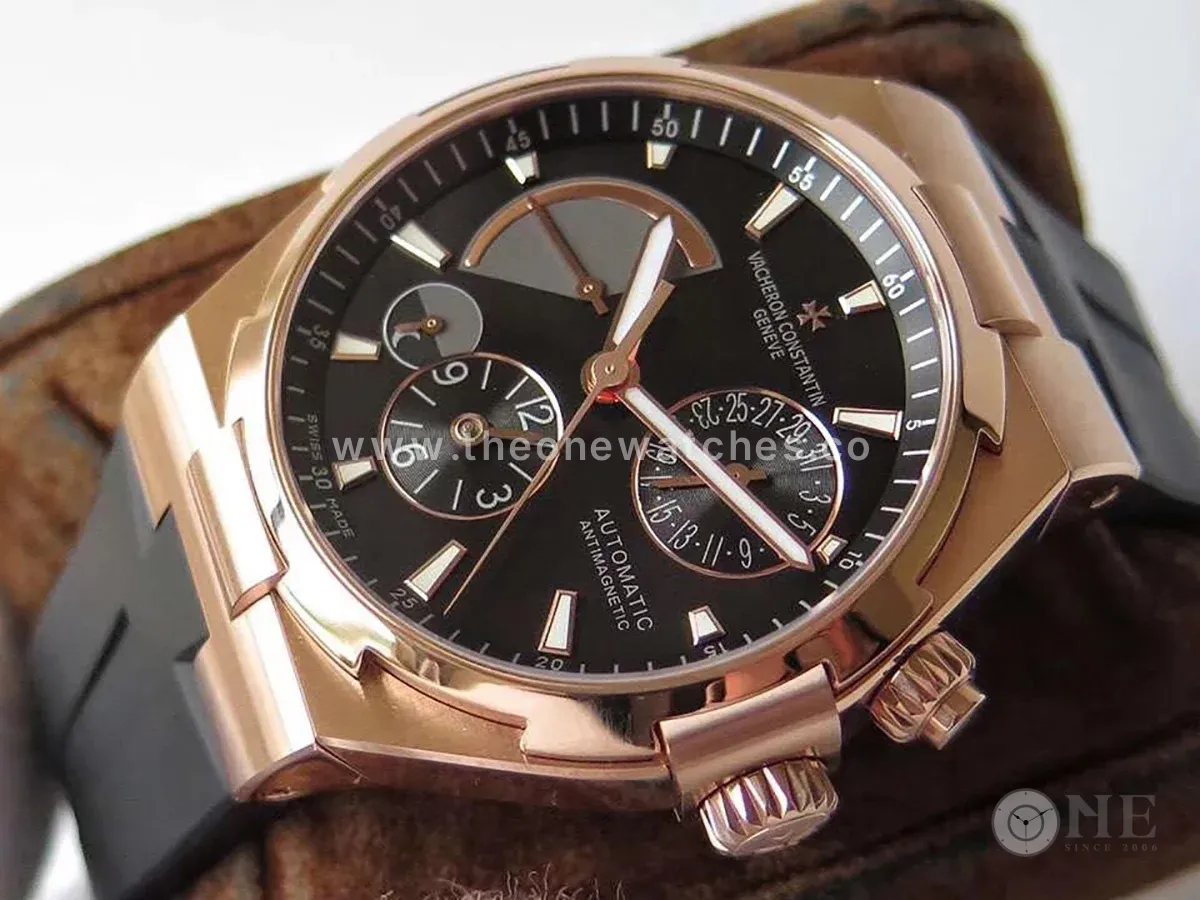 Overseas Dual Time Black Dial in Rose Gold on Rubber Strap