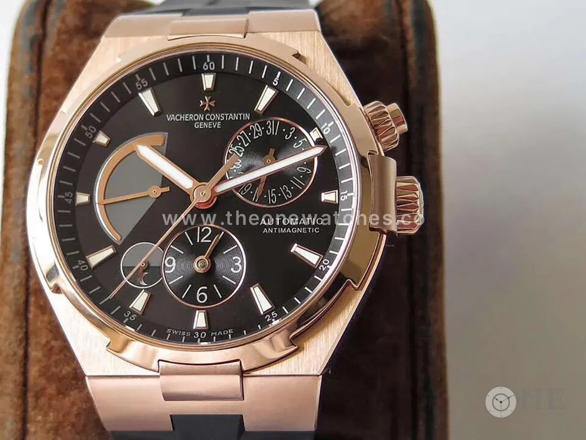 Overseas Dual Time Black Dial in Rose Gold on Rubber Strap