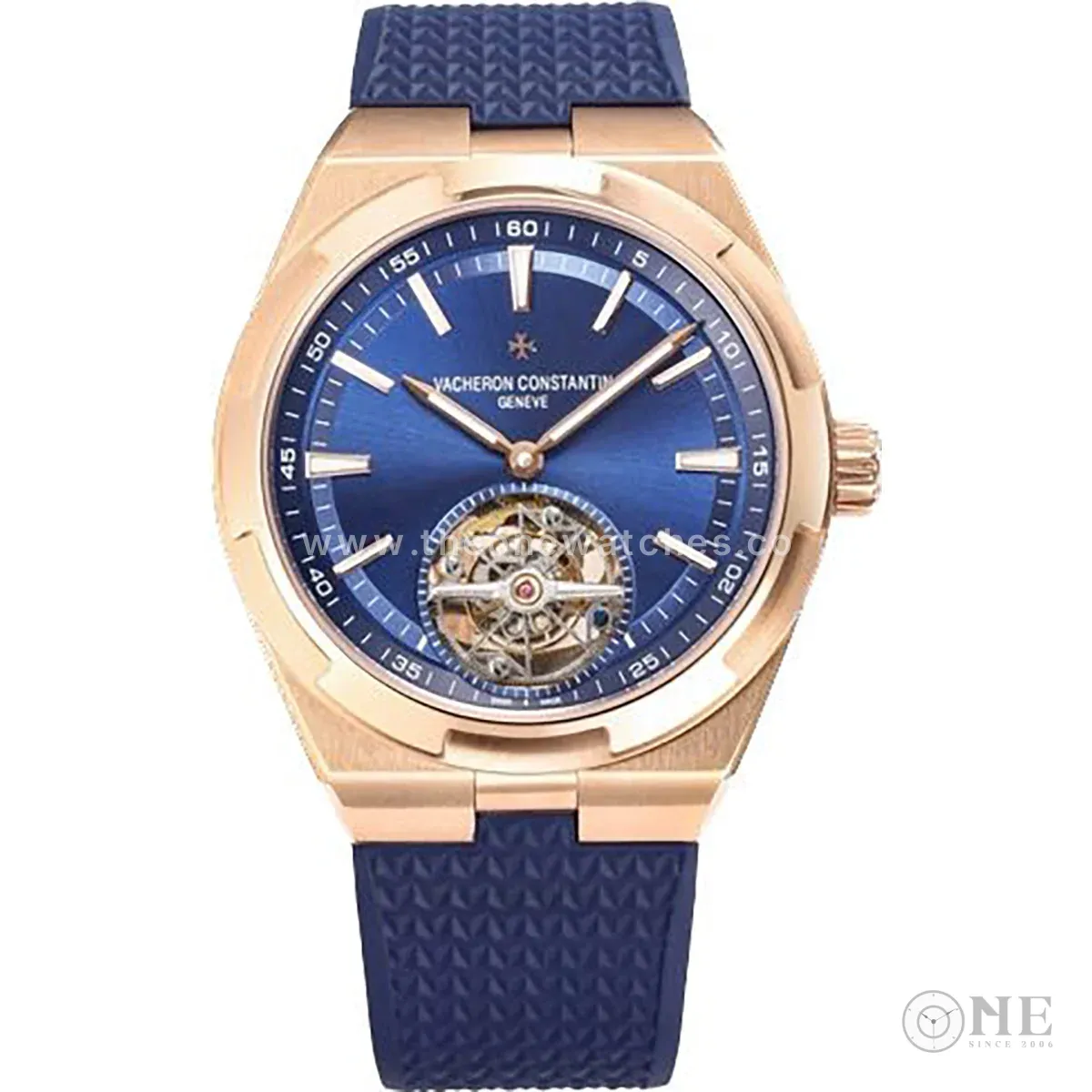 Overseas Tourbillion in Pink Gold on Blue Rubber Strap