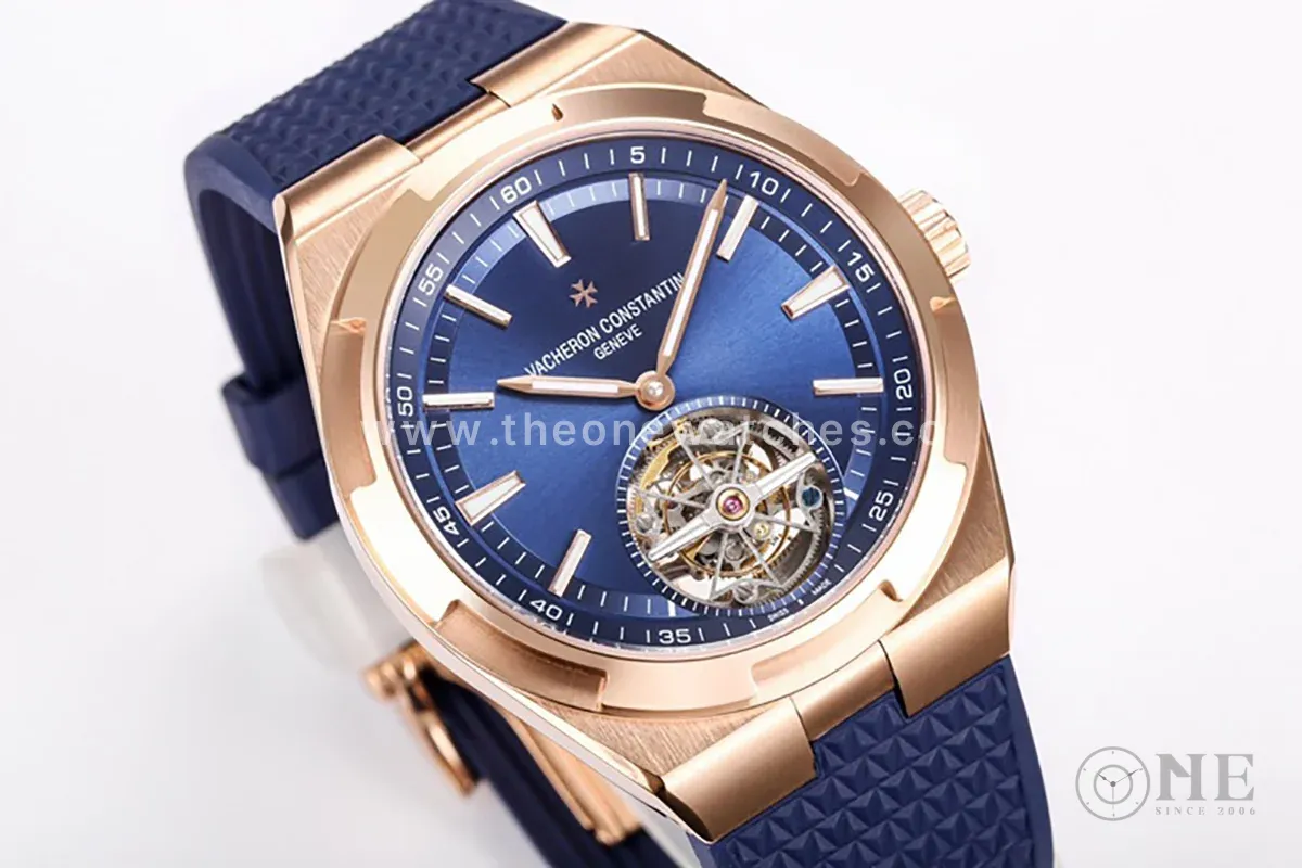 Overseas Tourbillion in Pink Gold on Blue Rubber Strap