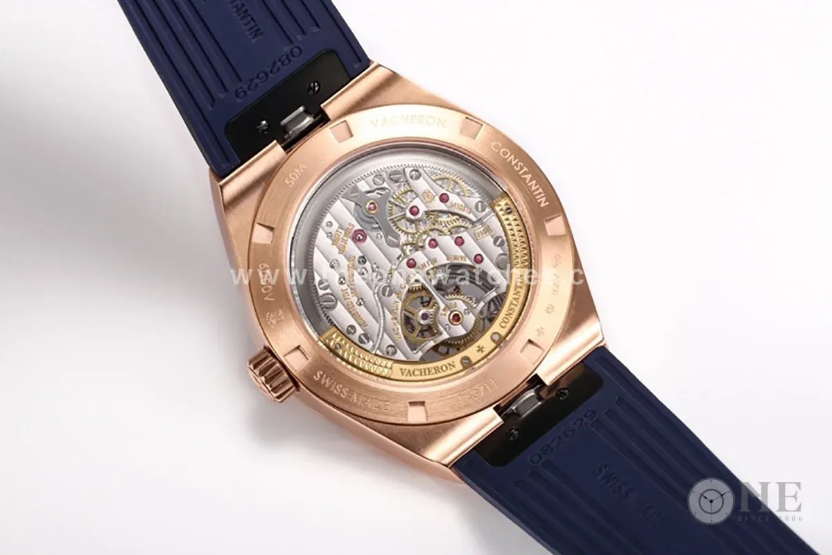 Overseas Tourbillion in Pink Gold on Blue Rubber Strap