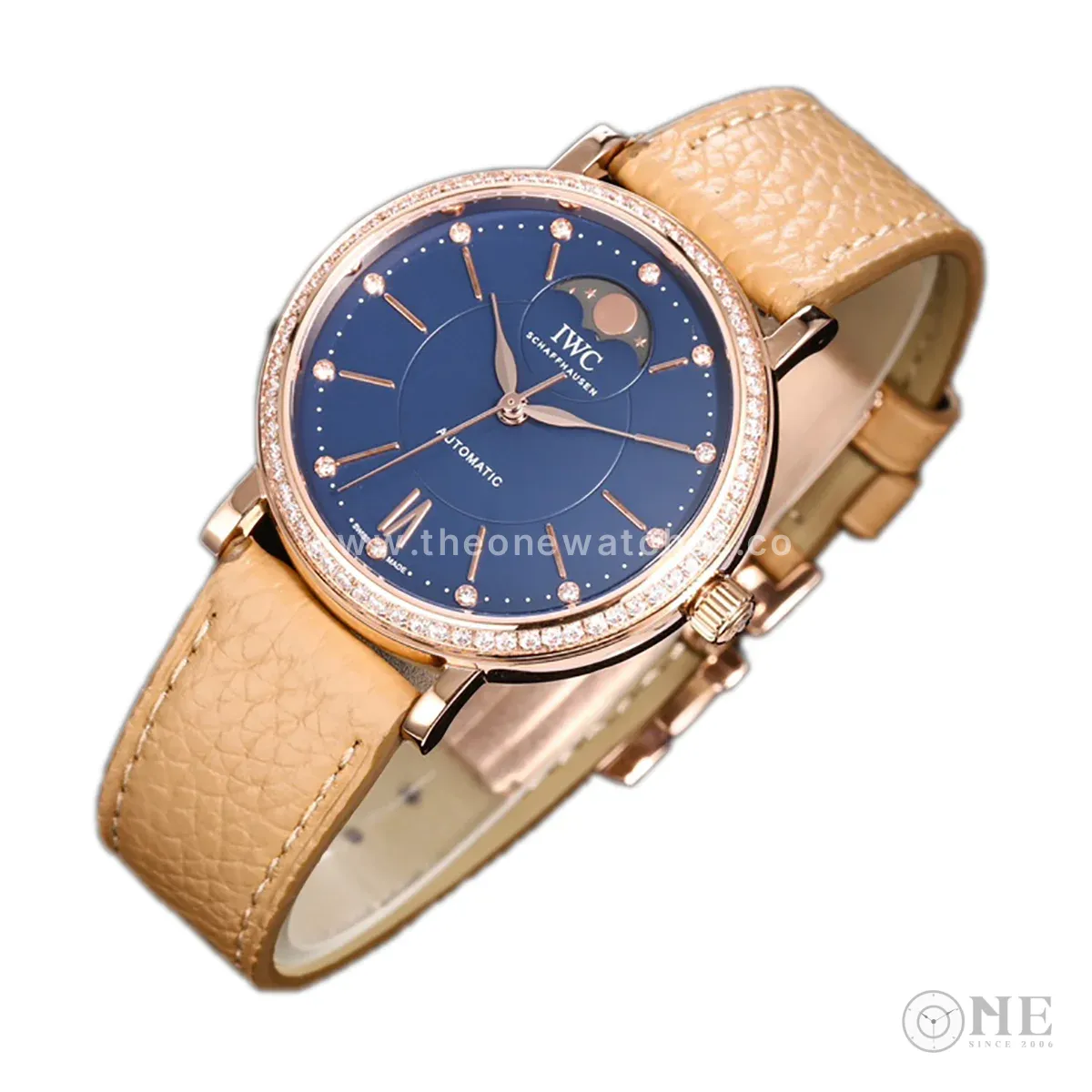 Portofino IW6596 Automatic Moon Phase 37 Blue Dial in Rose Gold on Brown Leather Strap