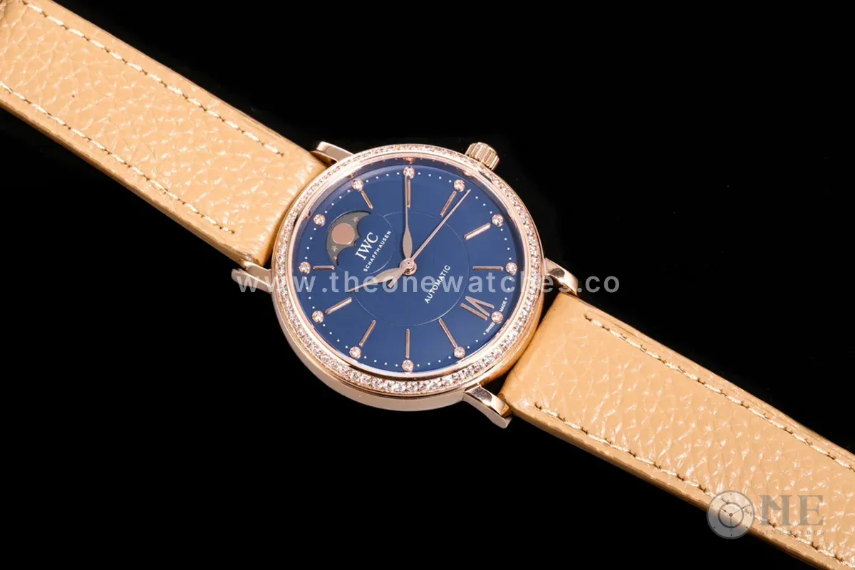 Portofino IW6596 Automatic Moon Phase 37 Blue Dial in Rose Gold on Brown Leather Strap