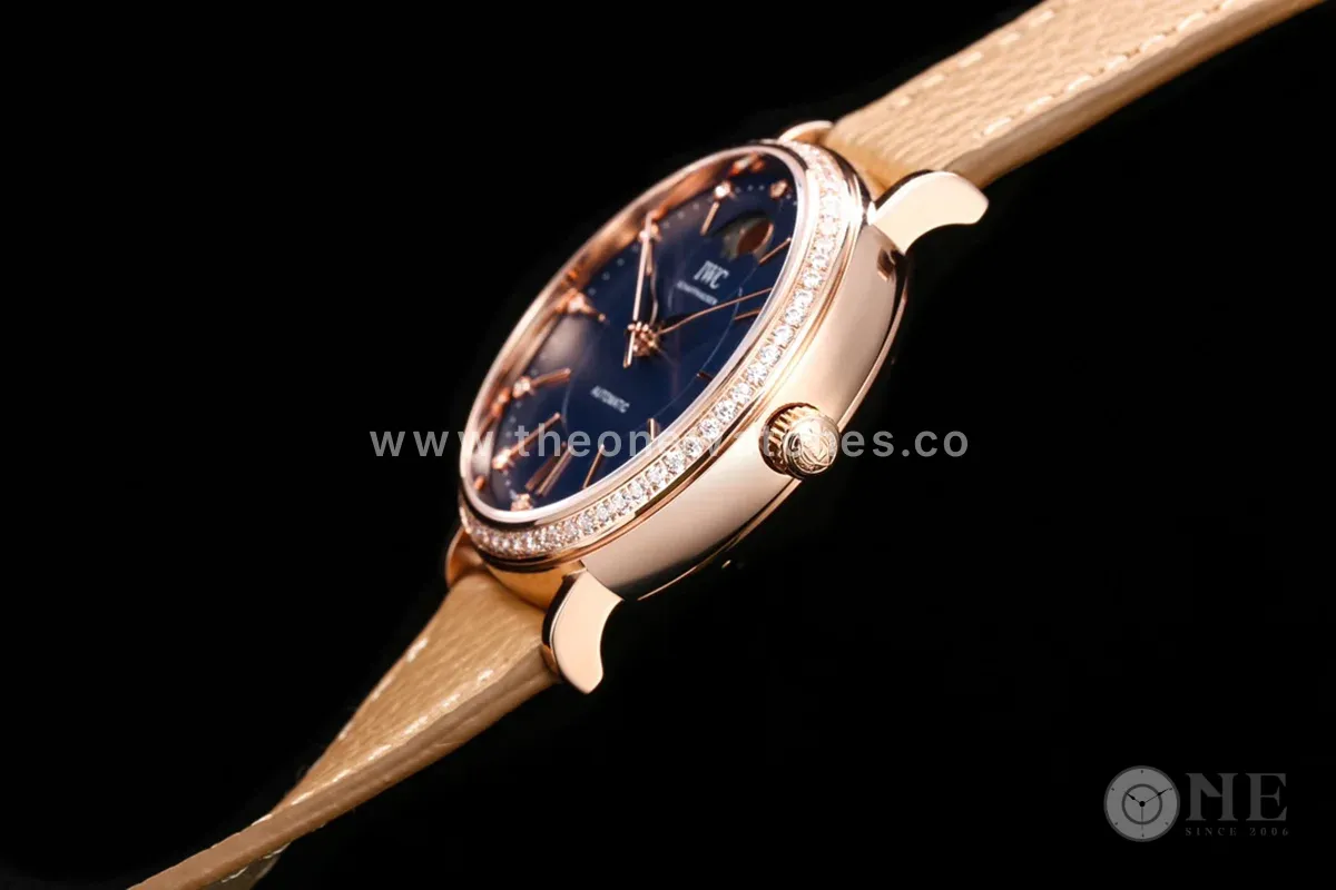 Portofino IW6596 Automatic Moon Phase 37 Blue Dial in Rose Gold on Brown Leather Strap