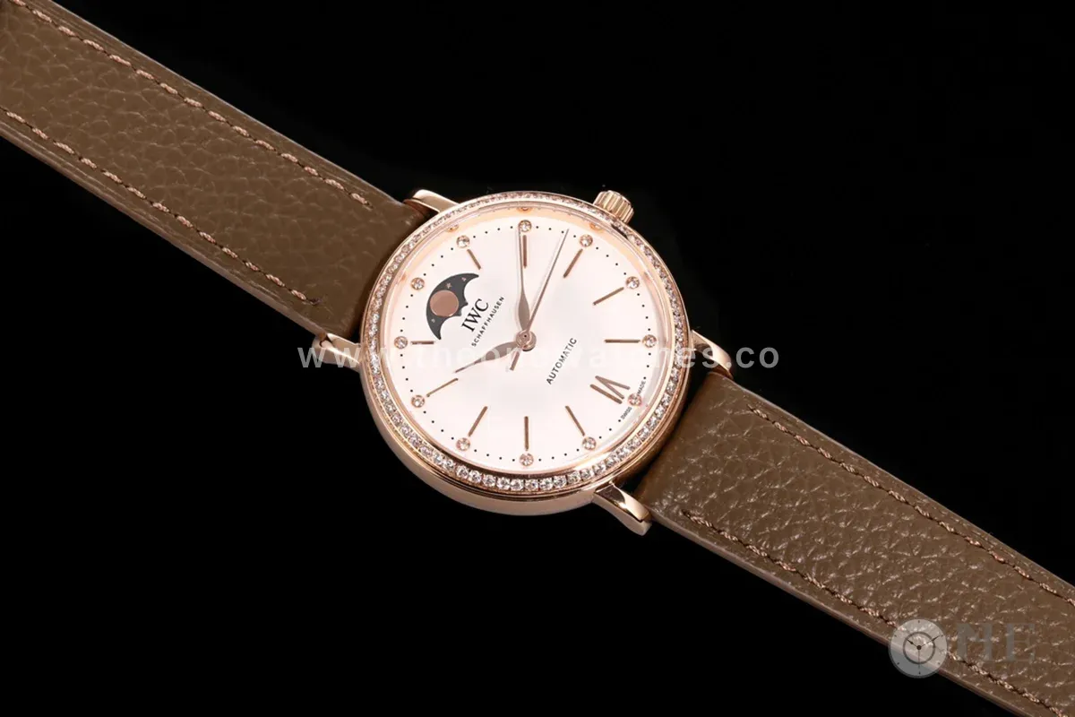 Portofino IW6596 Automatic Moon Phase 37 White Dial in Rose Gold on Brown Leather Strap