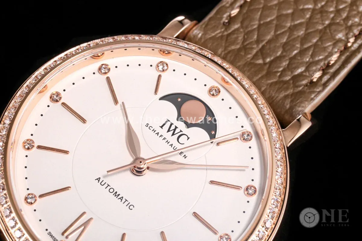 Portofino IW6596 Automatic Moon Phase 37 White Dial in Rose Gold on Brown Leather Strap