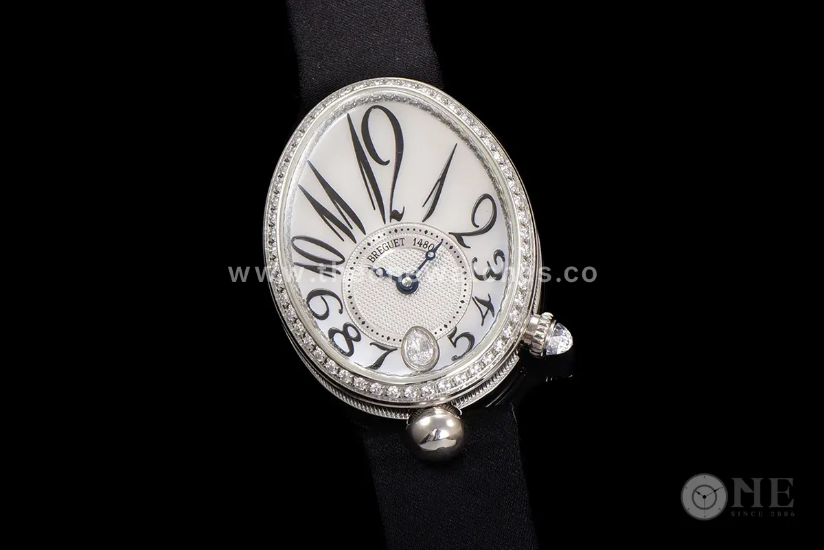 Reine de Naples in White Gold 8918BB on Black Leather Strap