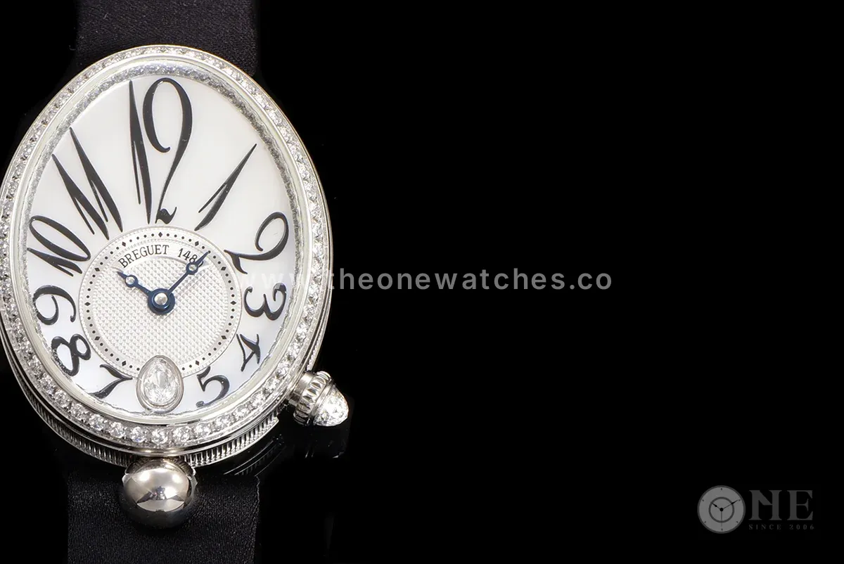 Reine de Naples in White Gold 8918BB on Black Leather Strap