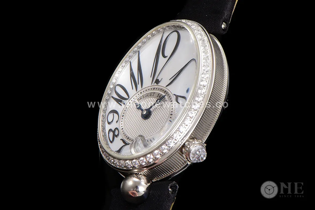 Reine de Naples in White Gold 8918BB on Black Leather Strap