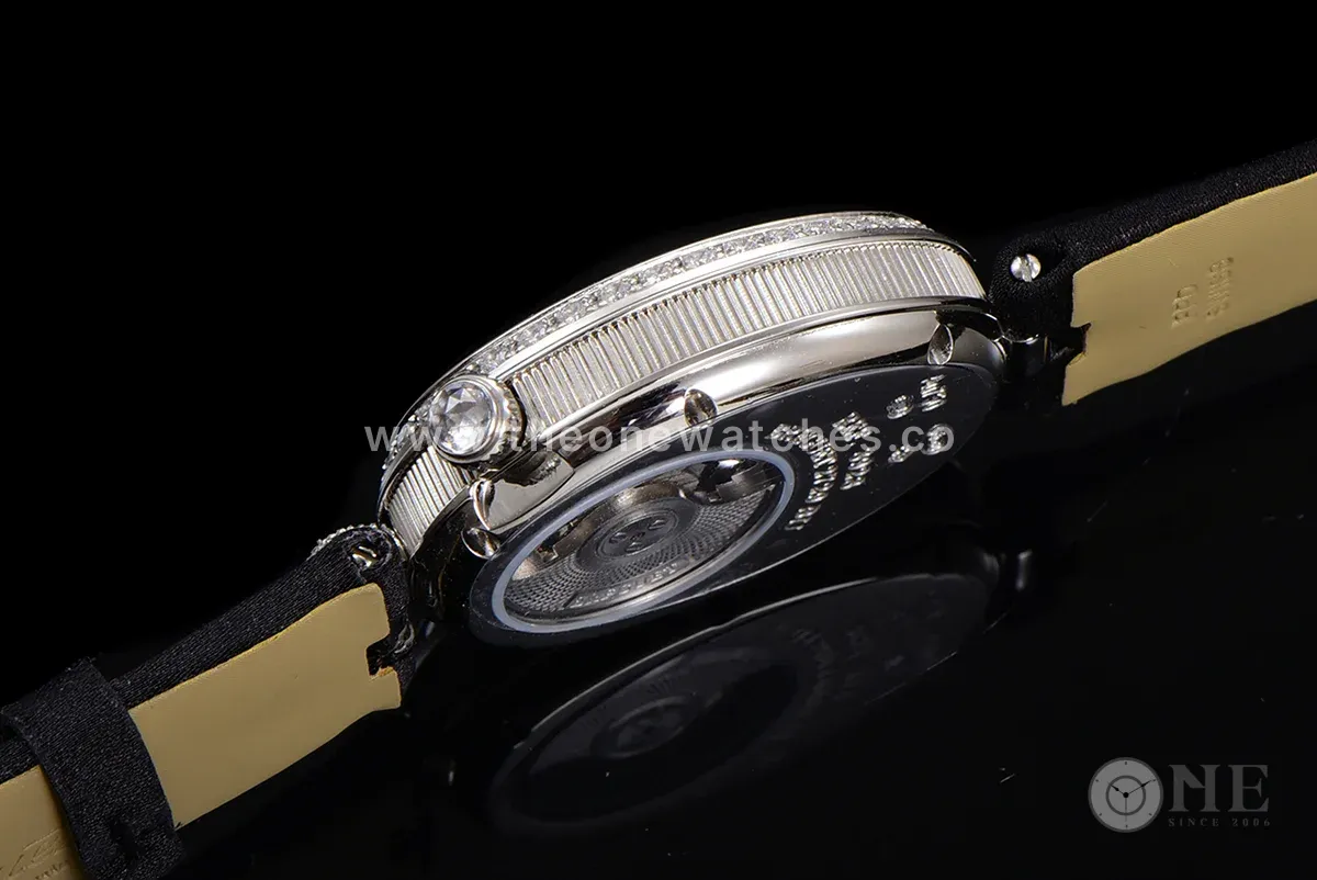 Reine de Naples in White Gold 8918BB on Black Leather Strap